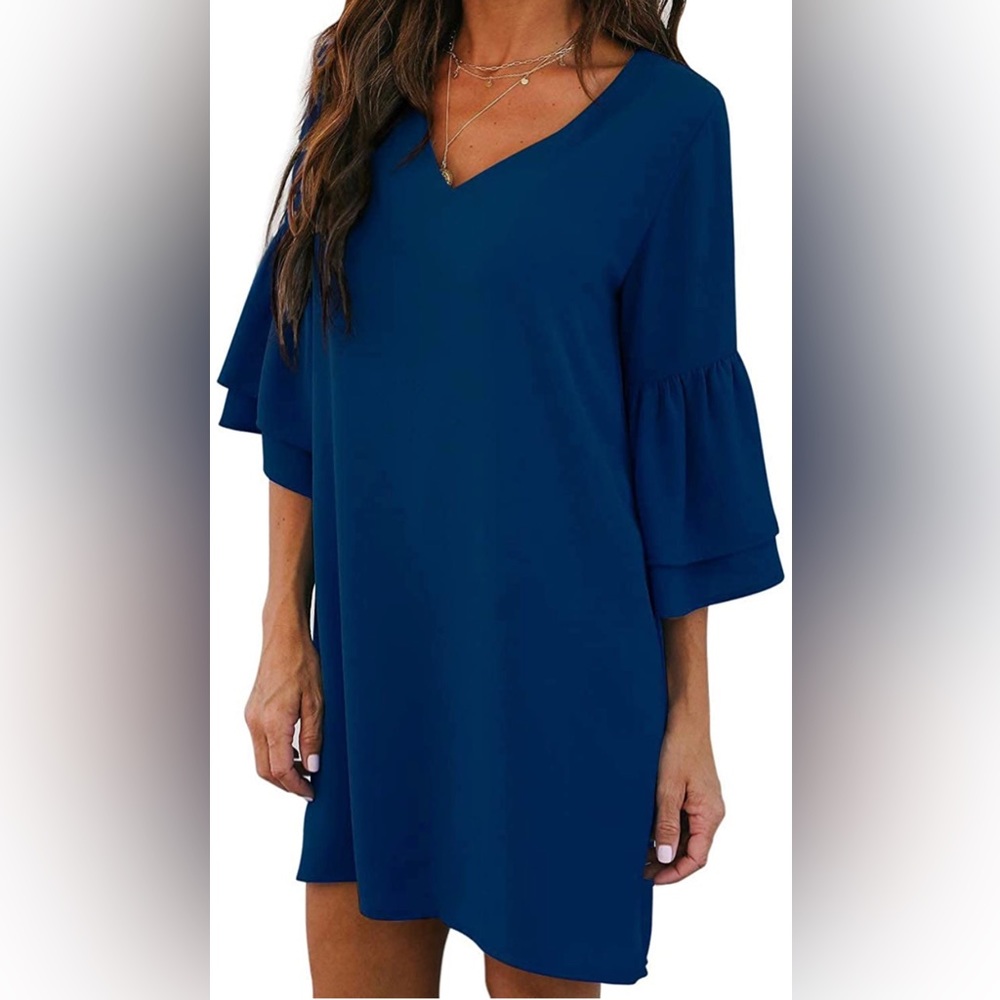 BELONGSCI Women's Dress Sweet & Cute V-Neck Bell Sleeve Shift Dress Mini Dress